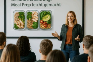Vortrag Zur Gesunden Ernährung Im Rahmen Des Betrieblichen Gesundheitsmanagements Im Rechenzentrum Haßfurt: Eine AOK-Referentin Erklärt Meal-Prep-Tipps Vor Interessierten Mitarbeitenden In Einem Modernen Konferenzraum.